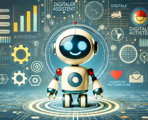 Ein digitaler Assistent (symbolisiert durch einen Roboter) steigert die Effizienz und spart Kosten – der Mittelstand profitiert von automatisierten Prozessen.