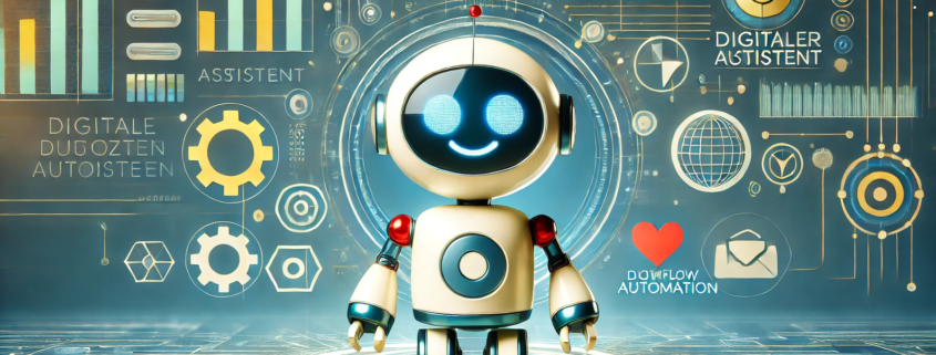 Ein digitaler Assistent (symbolisiert durch einen Roboter) steigert die Effizienz und spart Kosten – der Mittelstand profitiert von automatisierten Prozessen.